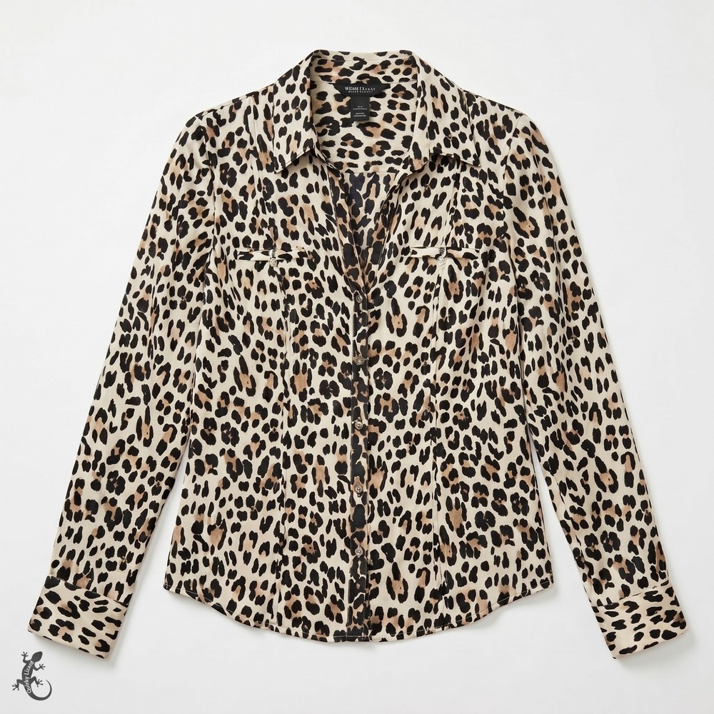 White House Black Market Womens 4 Silk Leopard Print Button Down Blouse Shirt
